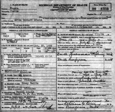 Alton Leonard Arnold Death Certificate, 1934.