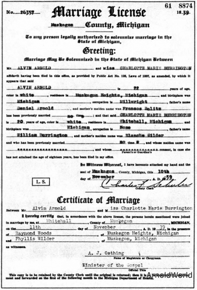 Charlotte Burrington and Alvin Arnold Marriage License and Certificate of Marriage, 1939.