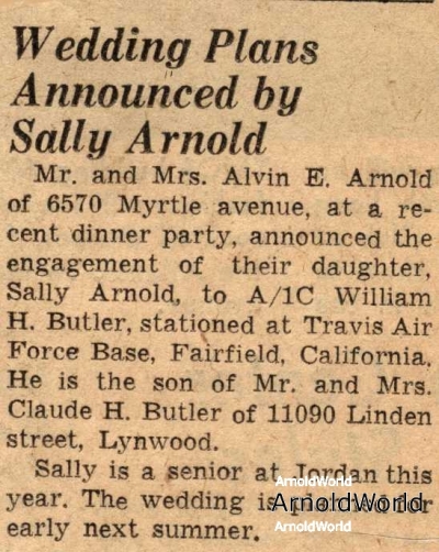 Wedding plans announced by Sally Arnold, 1956.
