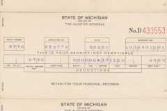 State of Michigan pay stubs, Doris Jane Moore, 1952.