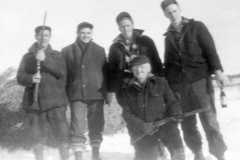 Tracie: Just before the wild goose dinner - Daniel S. Arnold, Frank Ely, Ron Mountain kneeling, Allen and Laban Arnold, November 1952.