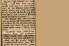 News clipping pertaining to Muskegon area tornado and hail storm in May 1956.
