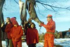 Joyce's friend Chris, Dan, Gloria, Joyce, Mike and Allen Arnold. Deer season, three deer and two fox taken, Arnold homestead, November 1970.