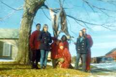 Daniel Arnold, Joyce's friend Chris, Dan, Mike, Gloria, Joyce and Laban Arnold. Deer season, three deer and two fox taken, Arnold homestead, November 1970.