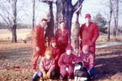 Laban, Eleanor, Daniel, Laban, Mike, Gloria, and Dan Arnold, deer season at the Arnold homestead. November 1972.