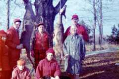 Eleanor, Allen, Daniel, Laban, Tracie, Mike, Gloria Arnold, deer season at the Arnold homestead. November 1972.