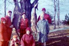 Eleanor, Allen, Daniel, Laban, Tracie, Mike, Gloria Arnold, deer season at the Arnold homestead. November 1972.