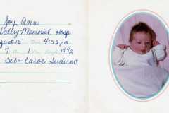 Joy Ann Suderno, Valley Memorial Hosp, 7 lbs, 1 oz, 19.5 inches, 4:52pm, August 15 1975.
