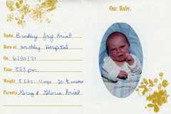Bradley Jay Kniat, born at Hackley Hospital, 8lbs, 11oz, 20.5 inches, 8:23pm June 30, 1981.