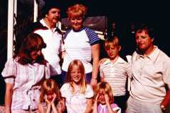 Bill and Sally Butler, Scott, Bob, Carol, Anne, Beth, Taken in front of our place when the sun was awfully bright, 1983.