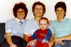 Grandma Delma Smith with David Arnold, and daughters Peggy and Diane, August 1984.