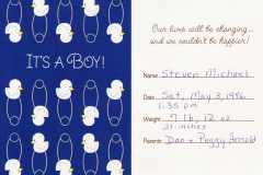 Steve Arnold, birth announcement, May 1986.