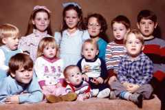 Matthew, Gina, Kristen, David Daniel, David Michael, Bradley, Jennifer, Steven, Jaysson, Joey; names as written on back of photo, October 11, 1986.