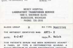 Tracie Arnold, lab blood card, 1987.