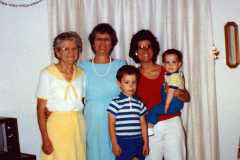 Four generations: Louise Cross, Delma Baremor, Peggy Smith, with Dave and Steve Arnold, August 1987.